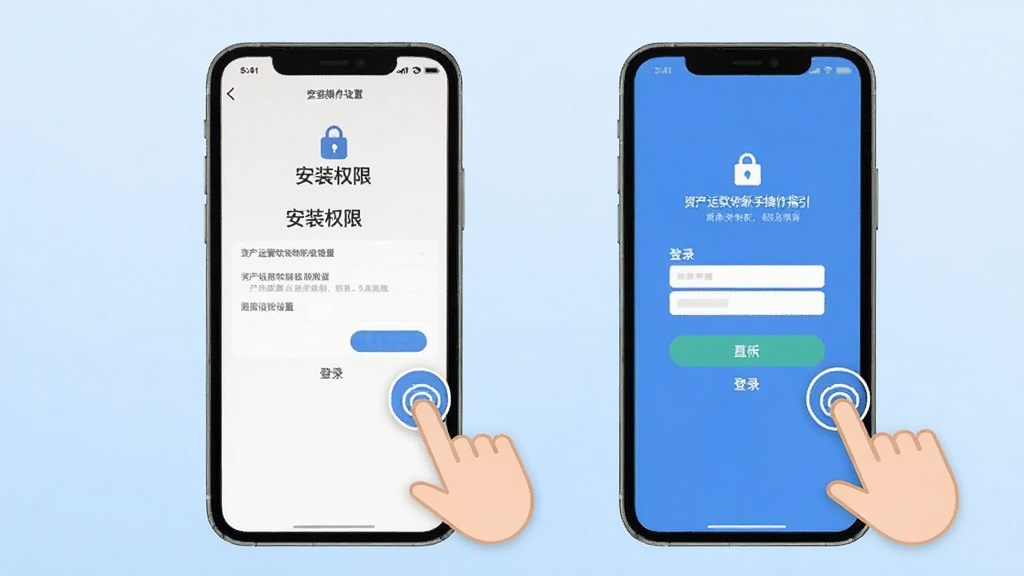 资产运营软件新手操作指引图,画面为手机屏幕截图风格的示意图,屏幕中展示着安装权限设置界面和登录界面,旁边有手指点击的图标引导,背景为浅蓝色渐变,整体风格简洁明快,画面干净,画质清晰