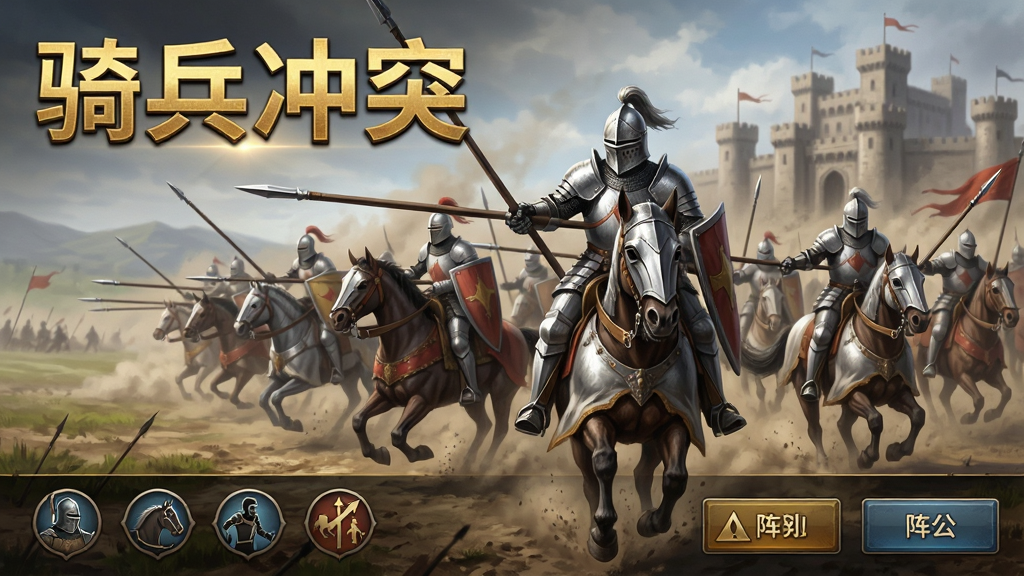一款以中世纪骑兵冲锋为主题的手游宣传图,画面中央是一队身披银色铠甲的重装骑兵正高举长枪向前冲锋,背景是尘土飞扬的广阔战场与远处隐约可见的城堡轮廓,画面左上角用金色粗体字写着“骑兵冲突”,画面底部排列着兵种克制图标与阵型选择按钮,整体风格为写实策略游戏画风,细节丰富,光影层次分明,画质清晰,干净,无多余元素