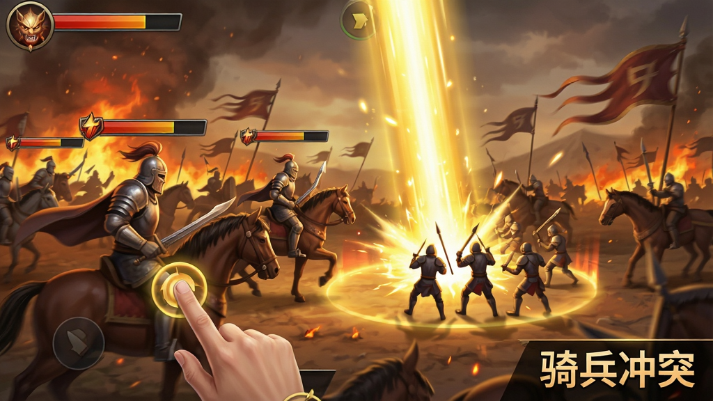 一张动态战斗场景图,画面中骑兵单位头顶显示怒气条,一名玩家手指正点击屏幕释放技能,画面特效表现为金色光柱从天而降覆盖敌方区域,背景是燃烧的战场与飘动的战旗,画面角落标注“骑兵冲突”字样,整体风格为手游战斗界面,光影动感强烈,画质清晰,干净,无多余元素