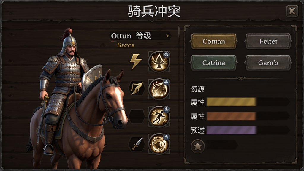 游戏养成界面截图风格,画面左侧显示一名骑兵将领的3D模型与等级、品质、技能图标,右侧是资源投入按钮与属性提升预览条,背景为深色木纹质感面板,画面顶部用白色字体写着“骑兵冲突”,整体布局清晰,画质精细,干净,无多余元素