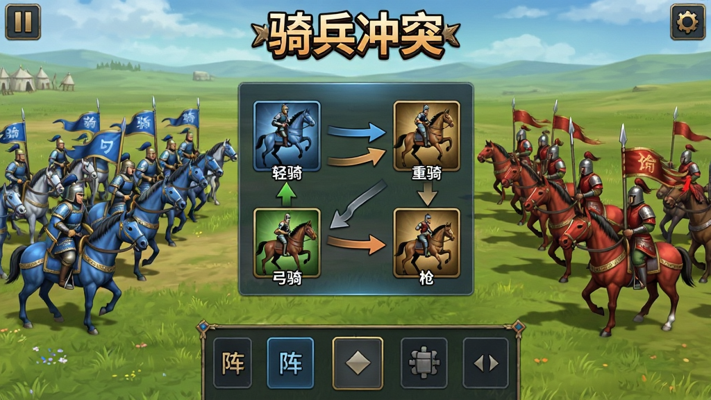 游戏界面截图风格,画面展示两军骑兵在草原上即将交锋的瞬间,左侧是玩家操控的蓝方骑兵方阵,右侧是红方敌军,画面中央用半透明面板列出轻骑、重骑、弓骑、枪骑四个兵种图标与克制箭头,底部有阵型拖拽区域,画面顶部显示“骑兵冲突”游戏Logo,整体为策略手游UI布局,色彩鲜明,画质清晰,干净,无多余元素