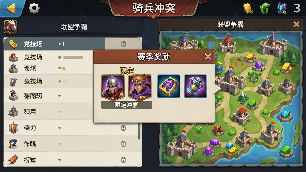 游戏活动界面截图风格,画面展示竞技场排行榜与联盟争霸地图,地图上分布着多座城池与资源点,画面中央弹出赛季奖励预览窗口,包含限定皮肤与道具图标,画面顶部标注“骑兵冲突”游戏名称,整体为手游活动页面布局,色彩丰富,画质清晰,干净,无多余元素