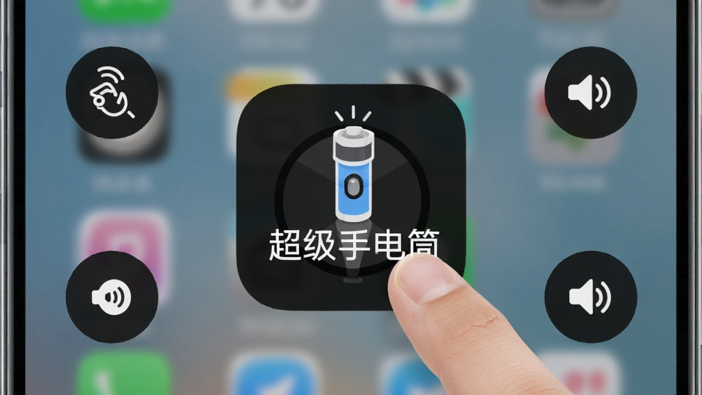 展示手机桌面上的超级手电筒小组件图标,旁边有手指正在点击,周围环绕摇一摇、音量键等操作图标,背景为手机桌面,画面中央有“超级手电筒”文字,布局直观,风格简洁现代,画质高清,干净无多余元素。