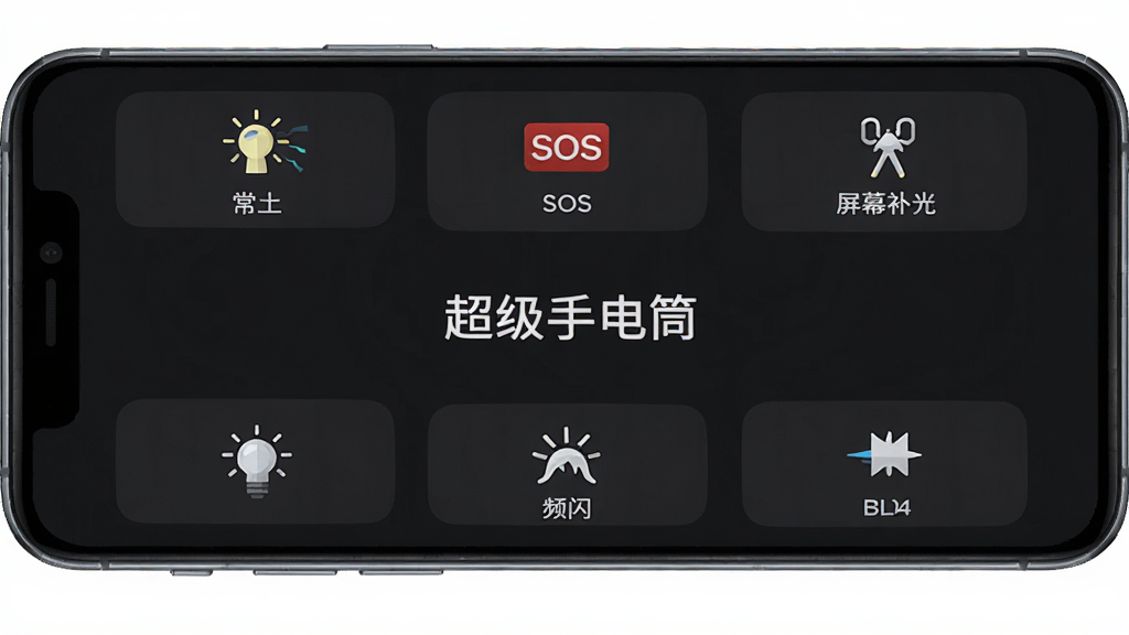 手机屏幕显示超级手电筒应用界面,界面中整齐排列着常亮、SOS、频闪、屏幕补光等模式按钮,每个按钮带有对应图标,背景为深色,画面中央有“超级手电筒”文字,布局清晰,扁平化设计风格,画质高清,干净无多余元素。