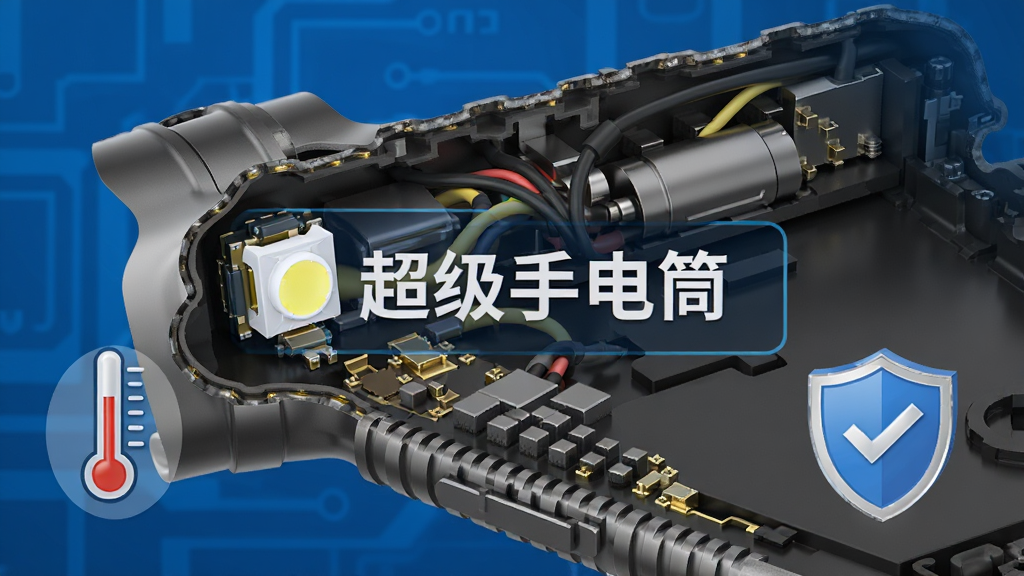 手机内部结构剖面图,展示LED灯珠与散热结构,旁边有温度计图标和盾牌安全图标,背景为科技蓝,画面中央有“超级手电筒”文字,风格为科技写实,画质高清,干净无多余元素。