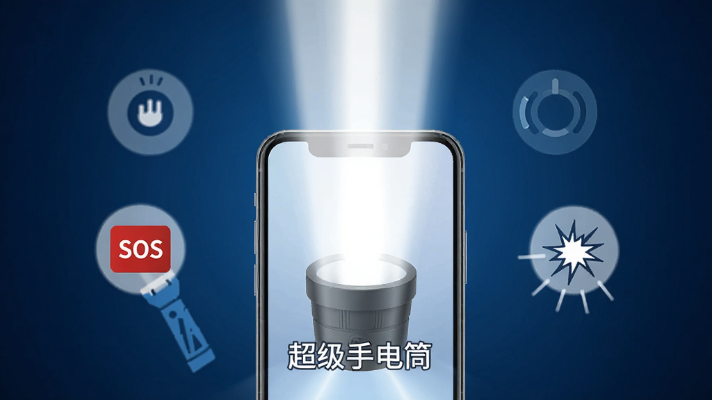画面中央展示一部智能手机,屏幕点亮并发出明亮的白色光束,光束向上照射形成光柱,手机周围环绕着简洁的图标元素表示手电筒开关、SOS信号和频闪模式,背景为深蓝色渐变,整体风格写实且干净,画质高清,无多余元素,画面中可带有“超级手电筒”文字标识。