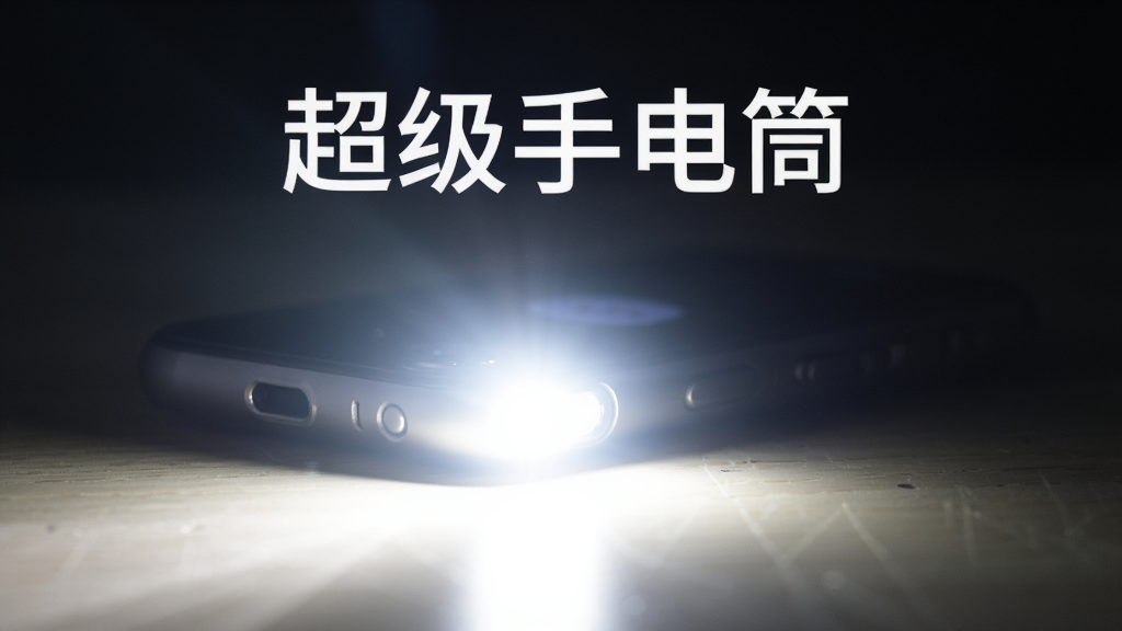 一部手机平放在桌面上,摄像头旁的闪光灯发出耀眼白色强光,光线照亮前方区域,背景为暗色调,画面中央有“超级手电筒”文字,主体突出光线强度,布局简洁,写实风格,画质高清干净,无多余元素。