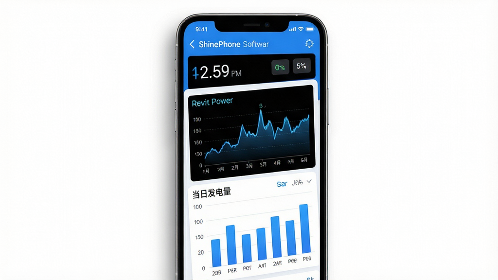 一张 ShinePhone 软件实时数据监控界面的手机截图,画面主体为手机屏幕,屏幕内显示实时功率数字、动态折线图、当日发电量柱状图,界面配色为蓝白相间,背景为纯白色,手机周围有简洁的阴影和留白,风格清爽科技,细节清晰,画质高清,干净,无多余元素