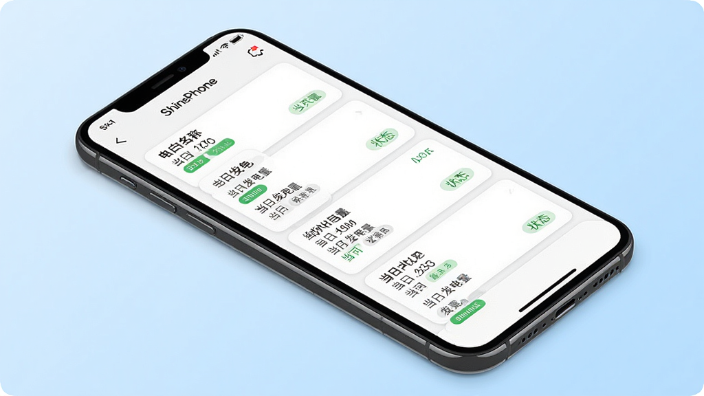 一张 ShinePhone 软件多电站管理界面的手机样机图,画面中手机屏幕显示电站列表卡片,每个卡片包含电站名称、当日发电量、状态标签,界面背景为白色,卡片带有浅灰色边框和圆角,手机放置在浅蓝色渐变背景上,风格整洁商务,排版清晰,细节丰富,画质高清,干净,无多余元素