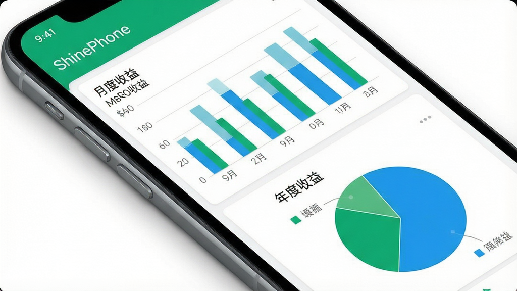 一张 ShinePhone 软件收益统计界面的手机截图,画面中手机屏幕显示柱状图和饼图,图表标注