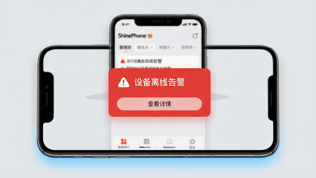 一张 ShinePhone 软件告警通知界面的手机展示图,画面中手机屏幕弹出红色告警卡片,卡片上写有