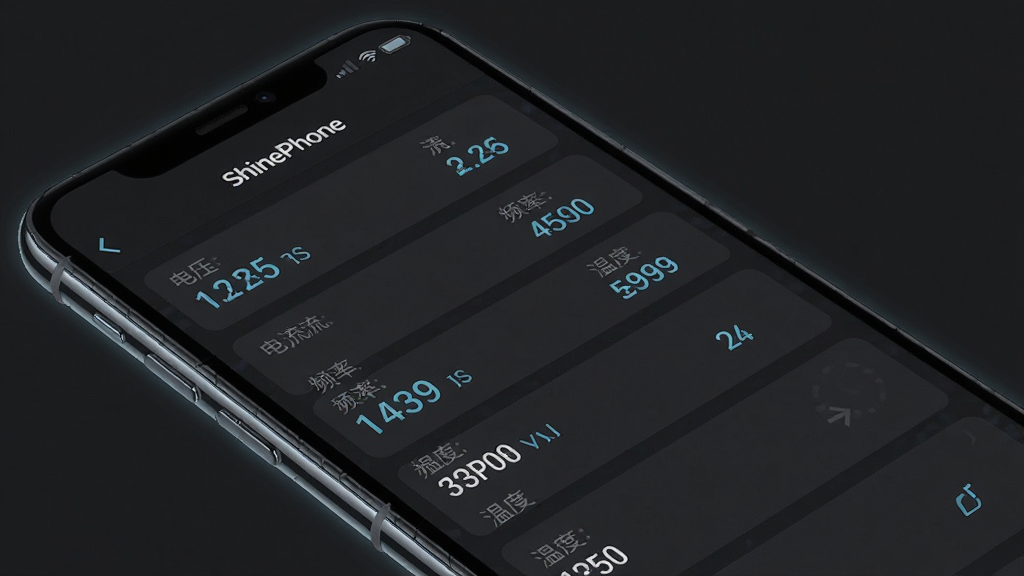 一张 ShinePhone 软件设备参数详情界面的手机展示图,画面中手机屏幕显示逆变器参数列表,包含电压、电流、频率、温度等数值,界面为深色模式,文字为白色和浅蓝色,背景为深灰色,手机边缘有微弱光效,风格专业科技,排版整齐,细节清晰,画质高清,干净,无多余元素