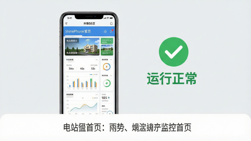 一张展示 ShinePhone 软件在手机上正常运行的示意图,画面中手机屏幕显示电站监控首页,旁边有一个绿色对勾图标和