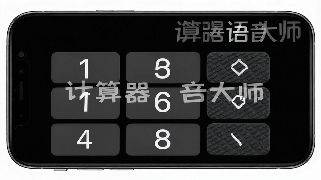 计算器语音大师大按键模式展示,画面为手机屏幕正面,显示超大数字按键和深色高对比度背景,屏幕上有“计算器语音大师”水印,风格为无障碍设计展示图,细节包括按键边缘的防滑纹理,画质清晰锐利,无多余装饰