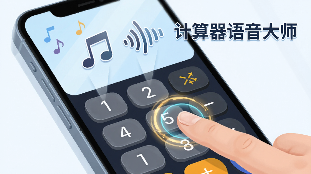 计算器语音大师语音播报功能特写,画面展示手机屏幕特写,手指正在点击计算器数字键,屏幕上方浮现出音符和声波图标,旁边有“计算器语音大师”文字标识,风格为科技感插画,细节包括按键按压的动效光晕,画质干净明亮,无杂乱背景