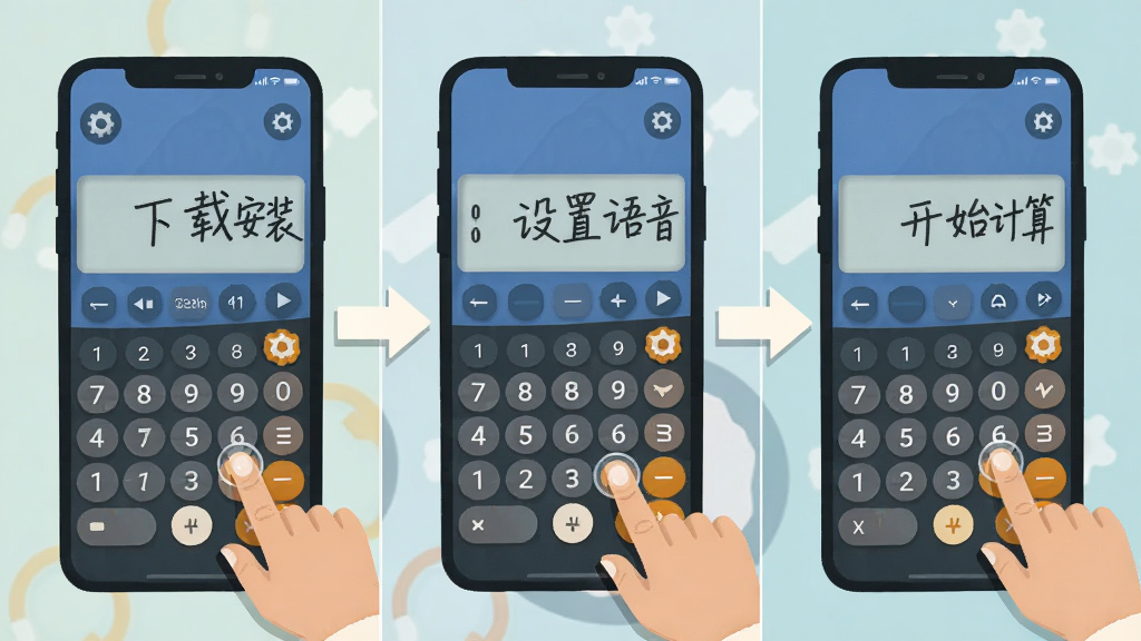 计算器语音大师操作步骤示意图,画面分为三格,从左到右依次展示下载安装、设置语音、开始计算的手机界面,每格配有箭头引导,风格为扁平化教程插画,细节包括手指点击动作和设置齿轮图标,画质清晰,无杂乱文字