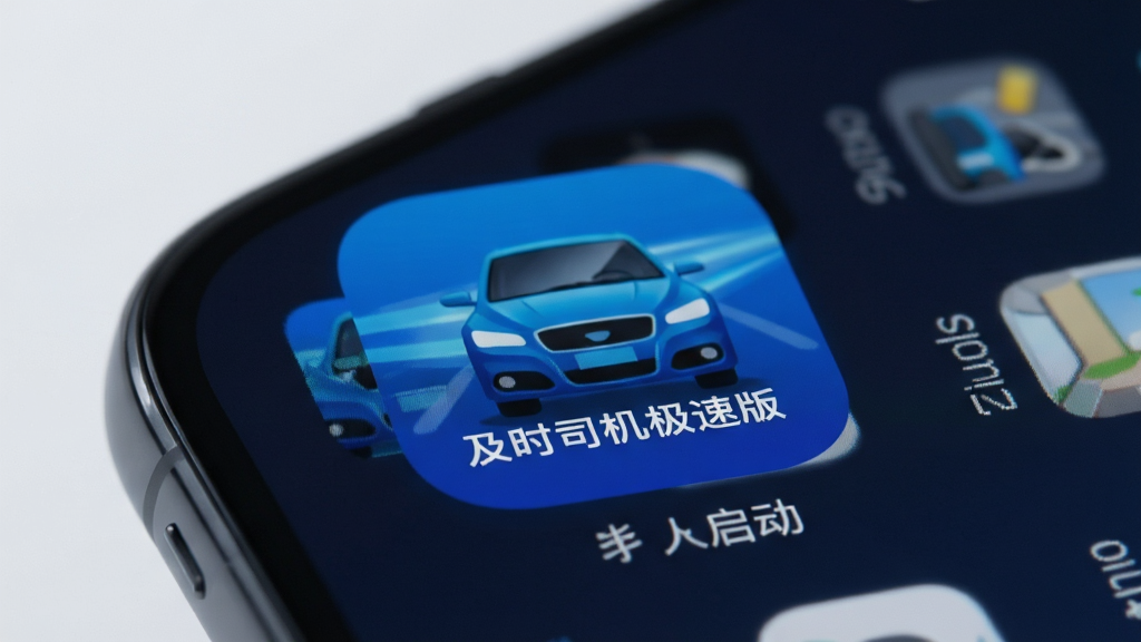 及时司机极速版 手机桌面图标 极速启动效果 蓝色主题 简洁界面 手机屏幕特写 科技感 高清画质 干净背景 无多余元素