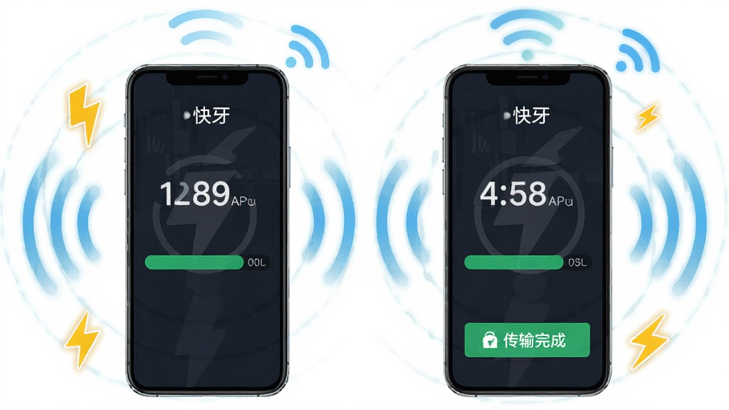 快牙零流量互传功能展示,画面中央两部手机屏幕显示传输速度数值与进度条,周围有闪电符号和无线信号波纹,布局左右对称,排版清晰,风格为动感科技插画风,细节包含“快牙”软件名称文字与传输完成提示,画质高清,干净,无多余元素