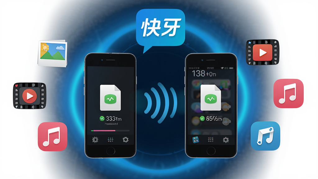 快牙软件主界面展示,画面中央是两部智能手机通过无线信号连接互传文件的场景,周围环绕着照片、视频、音乐、应用图标,背景是科技感十足的蓝色光晕,布局简洁明了,排版突出快牙标志,风格为扁平化科技风,细节包含连接成功提示与传输速度数值,画质高清,干净,无多余元素