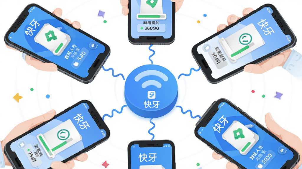 快牙多人面对面建群分享场景,画面中央是一个无线信号发射源连接周围多部手机,每部手机屏幕显示接收文件进度,布局呈放射状排列,排版活泼,风格为社交互动插画风,细节包含“快牙”软件名称与群组人数提示,画质高清,干净,无多余元素