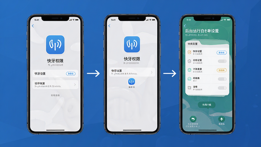 快牙新手操作指南示意图,画面展示手机屏幕上快牙的权限设置界面与后台运行白名单设置步骤,布局为分步图示排列,排版清晰有序,风格为简洁教程风,细节包含“快牙”图标与设置选项文字,画质高清,干净,无多余元素