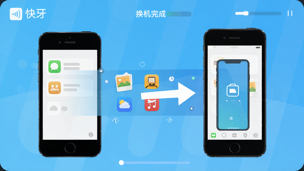 快牙一键换机功能界面,画面展示新旧两部手机并排,中间有数据流箭头从旧手机流向新手机,数据流中包含通讯录、照片、应用图标等元素,布局清晰直观,排版简洁,风格为扁平化UI设计风,细节包含“快牙”软件名称与换机完成进度条,画质高清,干净,无多余元素