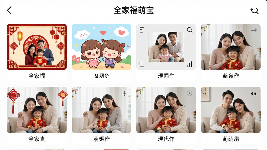 չʾȫ�Ҹ��ȱ�Ӧ���ڵ�ģ��ѡ����棬��Ļ�������Ŷ�ͬ����ȫ�Ҹ�ģ������ͼ��������ʽ��ɫϲ���񡢿�ͨQ�����ִ���Լ���ȣ�ÿ������ͼ�·���ģ�����Ʊ�ǩ�����涥����ʾ