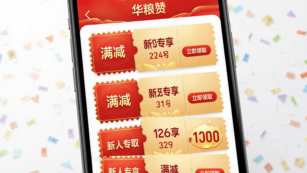 ������һ���ֻ���Ļ��д����Ļ��չʾ�š������ޡ����Ż�ȯ��ȡҳ�棬ҳ�����ж��Ų�ͬ�����Ż�ȯ��Ƭ�����С�������ȡ����ť������Ϊ�ֻ���Ļ���У��Ű����Ż�ȯ��Ƭ�������У���ɫ�Ժ�ɫ�ͽ�ɫΪ�������Ϊ�����UI����Ӿ���Ŀ��ϸ�����Ż�ȯ��Ե�о��״��ƣ����ְ�����������������ר����������������Ϊ���壬����ɾ����޶���Ԫ��