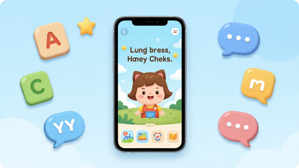����Ӣ������������չʾ������λ�÷��ô�״̬���ֻ�����Ļ��ʾ��ͨ����Ӣ��汾�Ķ�ҳ�棬��Χ������ĸ��Ƭ��С���ǡ��Ի����ݵ�ѧϰԪ�أ�����Ϊǳ��ɫ���䣬���岼�־��жԳƣ�������»��ã�ϸ�ڰ���Բ���ͼ�����͵���Ӱ�������������ɾ����޶���Ԫ��