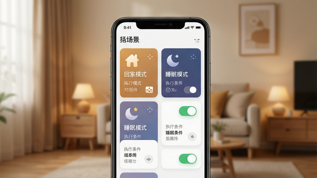 һ��չʾ����ҵ���ܡ�App���ܳ������ý����ͼƬ����������Ϊ�ֻ���Ļ����Ļ����ʾ������Ƭ�硰�ؼ�ģʽ����˯��ģʽ��������Ϊ�������У����Ϊ��ܰ�ҾӿƼ��磬ϸ�ڰ�������ͼ�ꡢִ���������֡����ػ��飬���ʸ��壬������ͣ��޶���Ԫ��