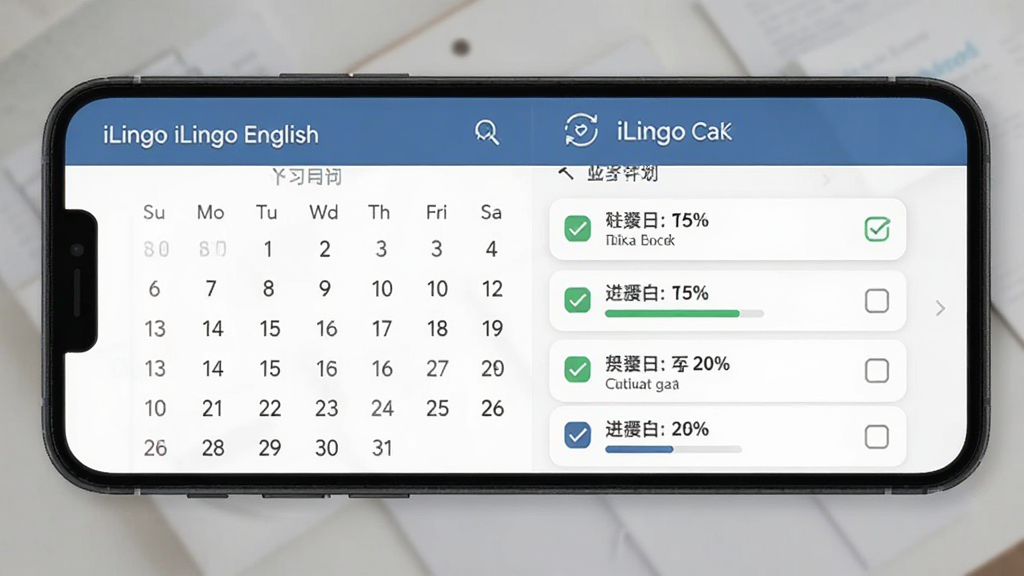 iLingo English ���Ի�ѧϰ�ƻ�����ͼ������Ϊ�ֻ���Ļ������Ϊ�����������б���ϣ��Ű����������Ϊ��Լ����ϸ�ڰ���ÿ������򿨹�ѡ�ͽ��Ȱٷֱȣ������������ɾ����޶���Ԫ��