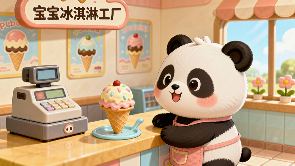 AI生图提示词:画面展示宝宝冰淇淋工厂的经营模拟场景,主体是一只可爱的小熊猫顾客在柜台前等待,柜台上放着一个做好的冰淇淋。布局为中景,排版为卡通游戏画面。风格为温暖治愈的卡通风格。细节包括收银机、背景中的冰淇淋海报、窗外的小花。画质明亮,干净,无多余元素,招牌上有“宝宝冰淇淋工厂”文字。