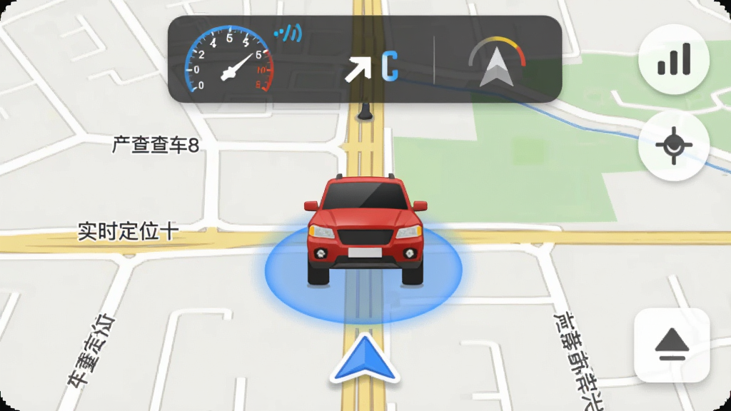 �ֻ��鳵V8ʵʱ��λ���ܽ��棬����Ϊһ����ɫSUVͼ���ڵ�ͼ���룬����Ϊȫ����ͼ�Ϸ����������뷽����Ϣ�����Ű��࣬���Ϊдʵ������ͼ�磬ϸ�ڰ�����ɫ��λ��Ȧ����·���Ʊ�ע�������ͷ���ź�ǿ��ͼ�꣬���������ɾ��޶���Ԫ��