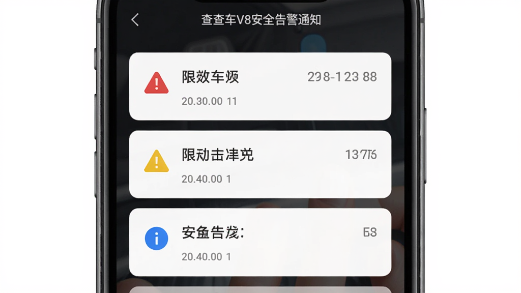 �ֻ��鳵V8��ȫ�澯֪ͨ���棬����Ϊ�ֻ���Ļ���������澯��Ϣ��Ƭ������Ϊ�����б����У��Ű����룬���Ϊ�ִ��ֻ�UI���ϸ�ڰ�����ɫ�澯ͼ�ꡢ��ɫ�������ǡ���ɫ��ϢԲ�㡢ʱ�����ֱ�ǩ�����������ɾ��޶���Ԫ��