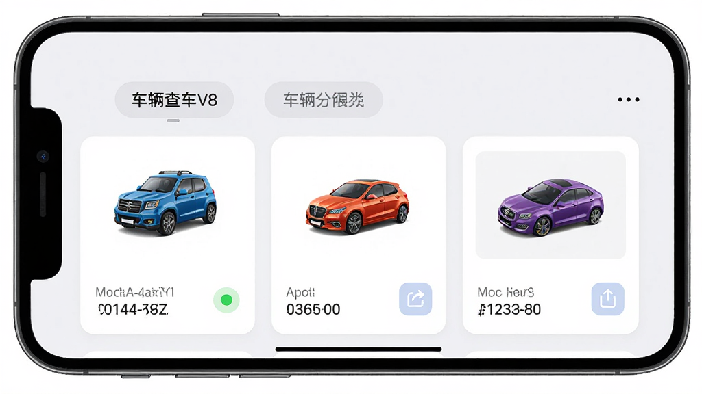 �ֻ��鳵V8�೵�������棬����Ϊ������ͬ��ɫ����ͼ���������б���Ƭ�У�����Ϊ�Ϸ����������ǩ�·�������Ϣ��Ƭ���Ű����������Ϊ��Ƭʽ��������磬ϸ�ڰ�����������ͼ������״̬Բ�㡢������ťͼ�ꡢ�豸�������֣����ʸ���ɾ��޶���Ԫ��