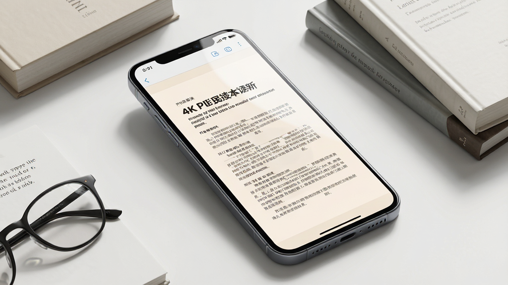 一张展示小白PDF阅读器在手机屏幕上运行的界面效果图,主体为一部现代智能手机,屏幕中央显示一份重新排版后的PDF文档,文字清晰整齐,背景为柔和浅色护眼模式,手机周围散落几本纸质书和一副眼镜,布局采用居中构图,手机微微倾斜展示立体感,整体风格为清新简约科技风,细节包括屏幕反光、真实阴影、文档中的标题加粗显示,画质为4K超清,干净无多余元素,画面中不出现任何文字标识