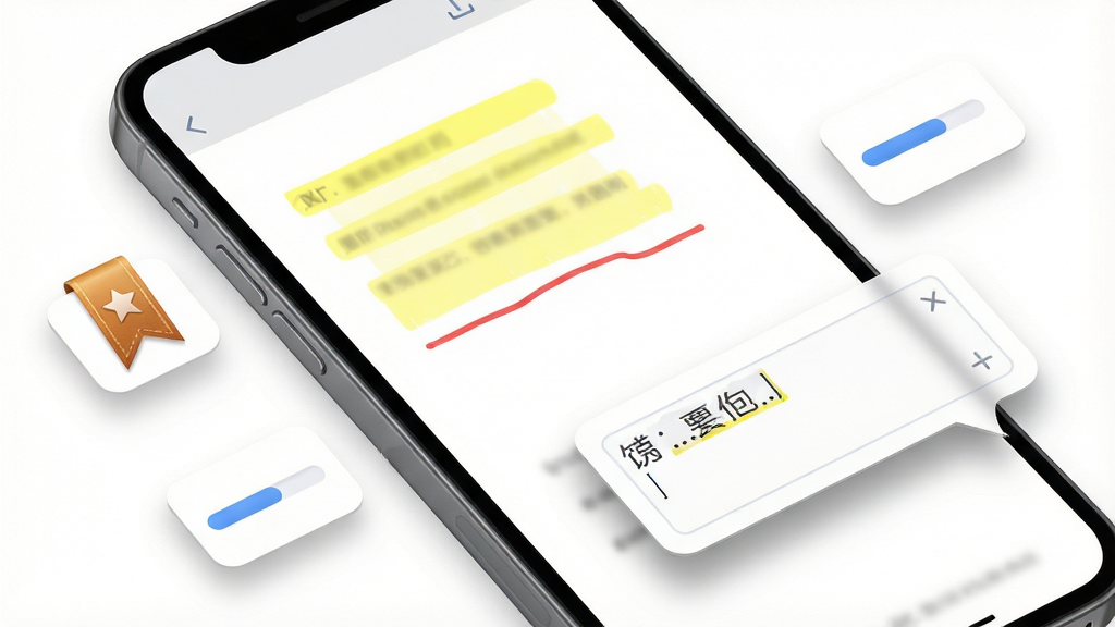 小白PDF阅读器书签与批注功能示意图,主体为一部智能手机特写,屏幕显示PDF文档页面,页面上有黄色高亮标记、红色下划线、侧边弹出批注输入框,手机旁边漂浮着书签图标和进度条图标,布局采用对角线构图,风格为现代UI展示风,细节包括高亮半透明效果、批注气泡阴影、书签丝带质感,画质为2K高清,干净无杂乱元素,背景为纯白,画面中不出现任何文字标识