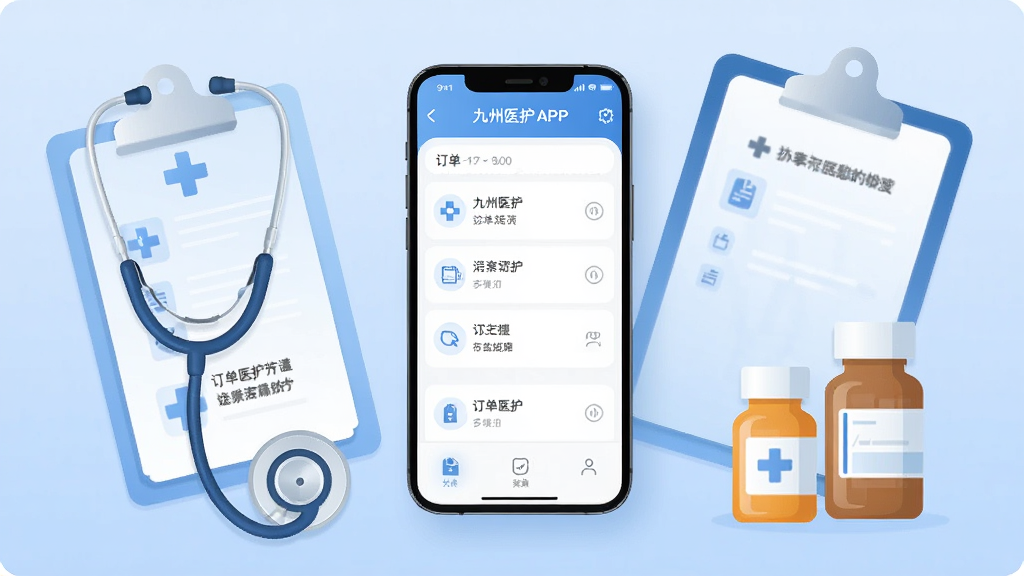 ����Ϊһ�������ֻ�����Ļ��ʾ����ҽ��APP�Ķ����б����棬���ֲ��þ��й�ͼ���ֻ���Χ������������������¼�к�ҩƿ��ҽ��Ԫ�أ��Ű������������Ϊ�ִ���ƽ���Ƽ��廭��ϸ�ڰ�����͵���ɫ���䱳����ϸ���ͼ�����������ʸ��壬�ɾ����޶���Ԫ��