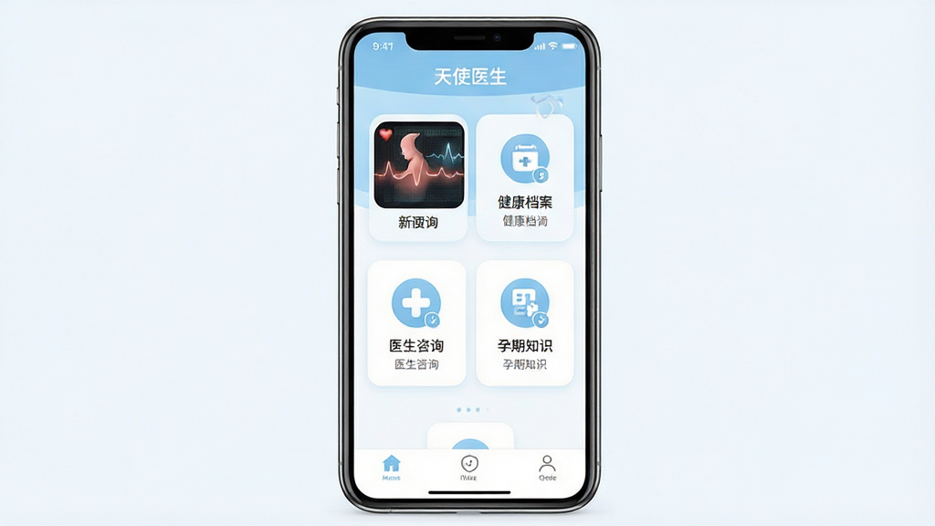 һ��չʾ��ʹҽ��App��������ֻ�Ӧ�ý�ͼԤ��ͼ������������һ�����������ֻ�����Ļ������������ʹҽ��App����ҳ���֣�����̥�ļ໤������������ҽ����ѯ������֪ʶ�ȹ������ͼ�꣬����ɫ������͵�ǳ��ɫ�Ͱ�ɫΪ�����������רҵ���Ű���������ϸ��������ҽ�ƽ�����Ӧ�õ��Ͻ������׺��������������ɾ����޶���Ԫ�ظ���