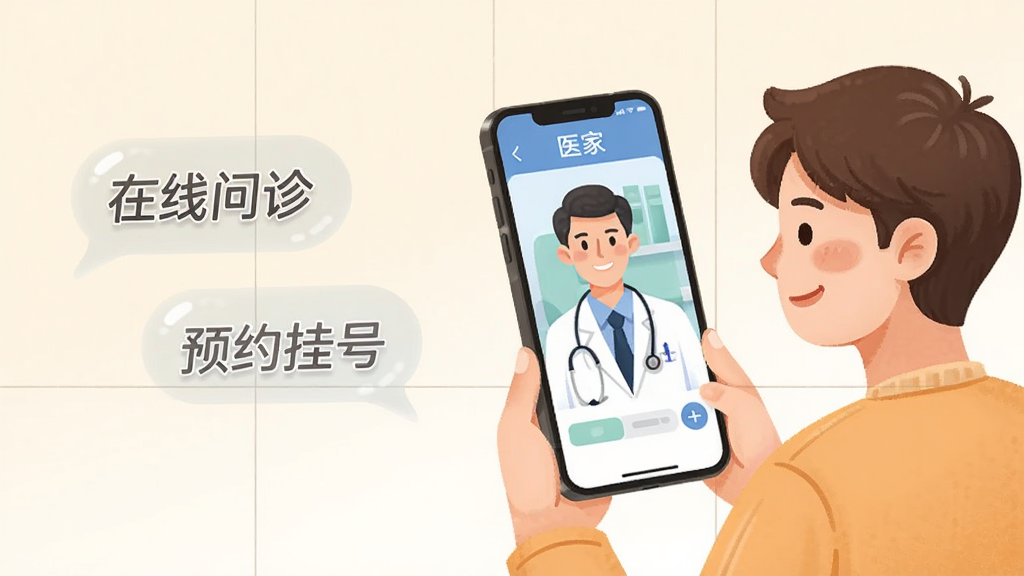 ��������Ϊһλ�û�����ʹ�á�ҽ�ҡ�APP������Ƶ����ֻ���Ļ����ʾһλ���Ű״�ӵ�ҽ�������ֲ������ַ���ͼ���û�λ�ڻ����Ҳ࣬������״��ð�͸������չʾ�������������ԤԼ�Һš������֡����Ϊ��ܰҽ�Ʋ廭�磬ϸ�����û��������ɣ�ҽ�����΢Ц�������������ɾ����޶���Ԫ�ء�
