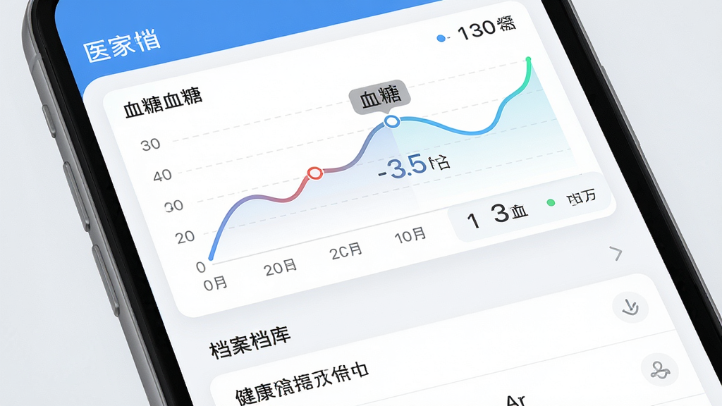 ��������Ϊ��ҽ�ҡ�APP�Ľ����������棬��Ļ����ʾ��Ѫѹ��Ѫ�ǵ�����ͼ�����ּ�¼�����ֲ������½ṹ���Ϸ�Ϊ����ͼ�����·�Ϊ�����б������Ϊ��������UI��Ʒ磬ϸ����ͼ������ƽ�������ݵ������ɼ������ʸ��壬�ɾ����޶���Ԫ�ء�