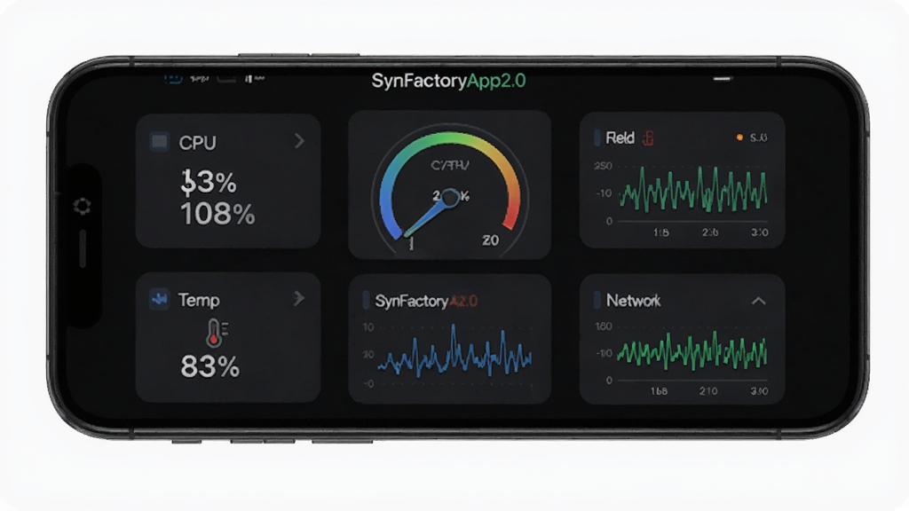 SynFactoryApp2.0 �豸����Ǳ��̸���ͼ������Ϊ�ֻ���Ļ��ʾԲ���Ǳ���������ͼ��������Ϊ��Ƭʽ�����Ű棬���Ϊ��ɫ�Ƽ��磬ϸ�ڰ��� CPU �ٷֱȡ��¶ȼ�ͼ�ꡢ���粨��ͼ��SynFactoryApp2.0 ���ƣ������������ɾ����޶���Ԫ��
