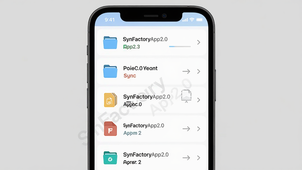 SynFactoryApp2.0 �ļ�ͬ������ʾ��ͼ������Ϊ�ֻ���Ļչʾ�ļ��б���ͬ�����ȣ�����Ϊ�����б�ʽ�Ű棬���Ϊ�ִ���Լ UI ���ϸ�ڰ����ļ���ͼ�ꡢ�ļ����ͱ�ʶ��ͬ����ͷ��SynFactoryApp2.0 ˮӡ�������������ɾ����޶���Ԫ��