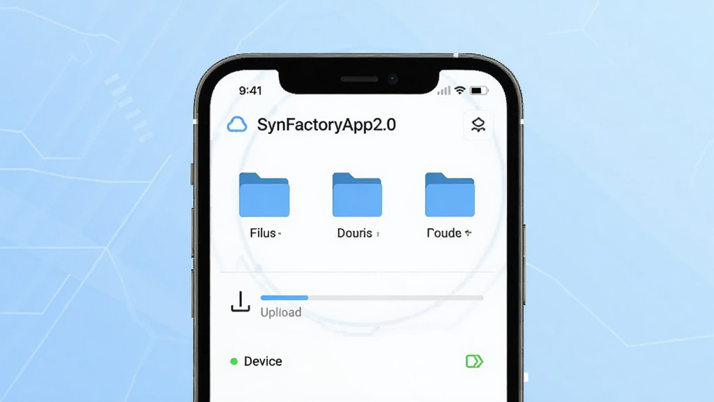 һ��չʾ SynFactoryApp2.0 ��������ĸ���ͼ������Ϊһ�������ֻ���Ļ��ʾ˽�����ļ��������棬���ֲ��þ��й�ͼ������Ϊǳ��ɫ�Ƽ��н��䣬���Ϊ��ƽ�� UI ��ƣ�ϸ�ڰ����ļ�ͼ�ꡢ�ϴ����������豸״ָ̬ʾ�ƣ������������ɾ����޶���Ԫ��