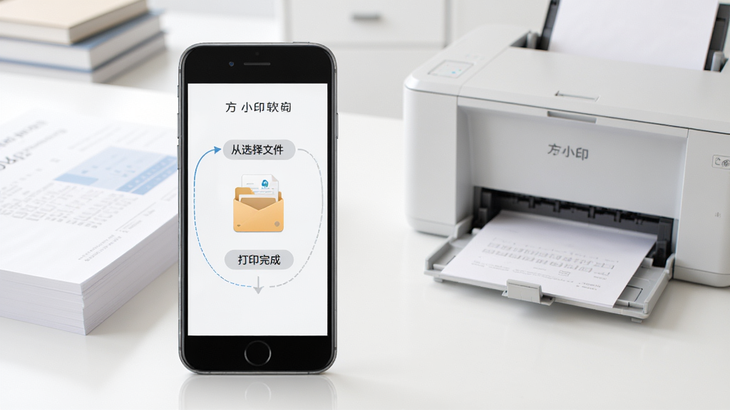 ��Сӡ�������ֻ��ϵĴ�ӡ��������ͼ��չʾ��ѡ���ļ�����ӡ��ɵĲ��裬���������ˣ�����Ϊ��ɫ�칫�����ֻ��Ա���ֽ�źʹ�ӡ�������дʵ�������������ɾ����޶���Ԫ��