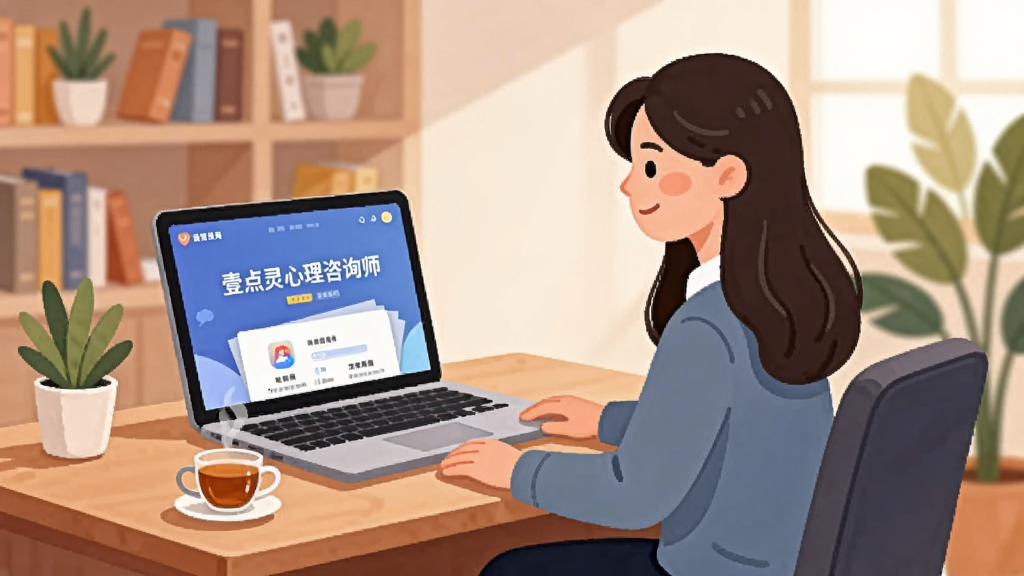 һ��չ��������ѯʦ���������Ĳ廭������������һλרҵ������ѯʦ�������ʵİ칫��ǰ�����ϰڷ��űʼǱ����Ժ�һ���Ȳ裬������Ļ����ʾ��