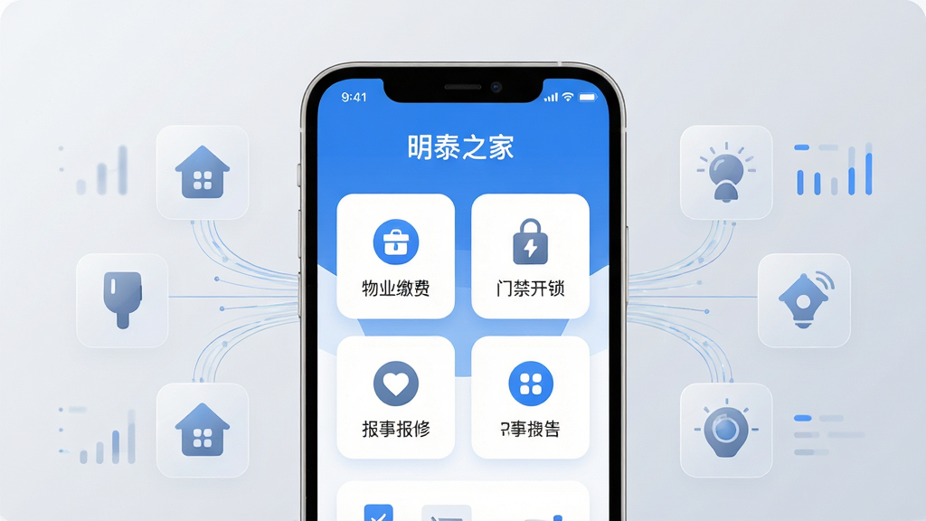 ��������Ϊһ�������ֻ�����Ļ��ʾ��̩֮��APP��ҳ���棬������ҵ�ɷѡ��Ž����������±��޵�ͼ�갴ť�����ֲ��þ���չʾ���ֻ����໷�ư�͸�������ܼҾ��豸ͼ�����������������Ű������죬���Ϊ�ִ��Ƽ���ƽ����ϸ�����ֻ��߿�Բ����Ļɫ��������Ϊ������ͼ����������������Ϊǳ��ɫ���䣬���ʸ��壬�ɾ��޶���Ԫ�ء�