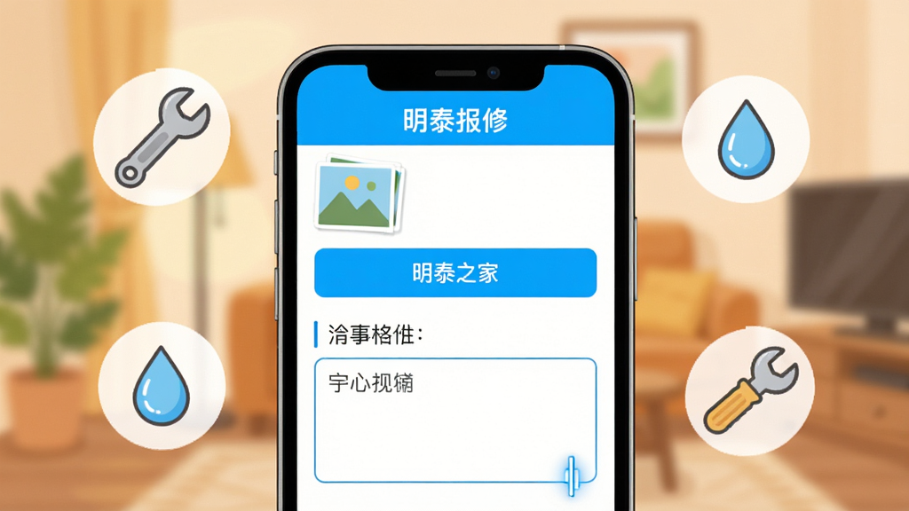 ��̩֮��APP���±��޽���չʾͼ������Ϊ�ֻ���Ļ��ʾ�����ϱ���дҳ�棬����ͼƬ�ϴ�����ͼ����������򡣲���Ϊ�ֻ�����ƽ�ӣ���ΧƯ�����֡�ˮ�ε�ά�޹���ͼ�ꡣ�Ű���У����Ϊ����廭�硣ϸ���Ͻ��水ťΪ����ɫ��������й����˸Ч��������Ϊ��ܰ�Ҿӻ����黯�������������ɾ��޶���Ԫ�ء�