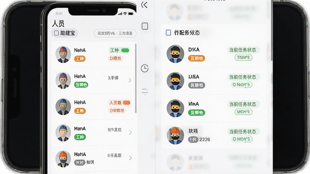 助建宝V6人员调度功能展示图,画面展示手机屏幕内人员列表和任务分配面板,包含工人头像、姓名、工种标签和当前任务状态,布局采用左右分栏或上下结构,风格简洁高效,细节上体现状态标识的颜色区分,画质清晰,背景为浅色,无多余装饰