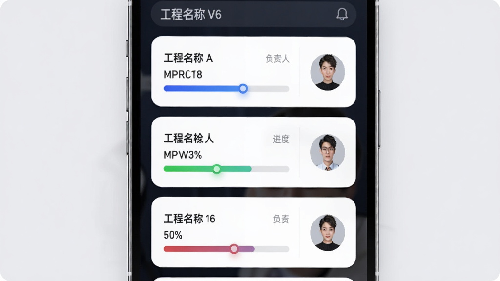 助建宝V6项目台账管理界面展示图,画面以手机屏幕为主体,屏幕内显示多个工程项目卡片列表,每张卡片包含工程名称、进度百分比和负责人头像,布局采用纵向排列,风格简洁现代,细节上突出卡片圆角和进度条色彩,画质清晰干净,背景为浅灰色,无多余元素